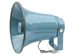 Blue loud speaker with a black handle and a mounted microphone in front of a sky background.