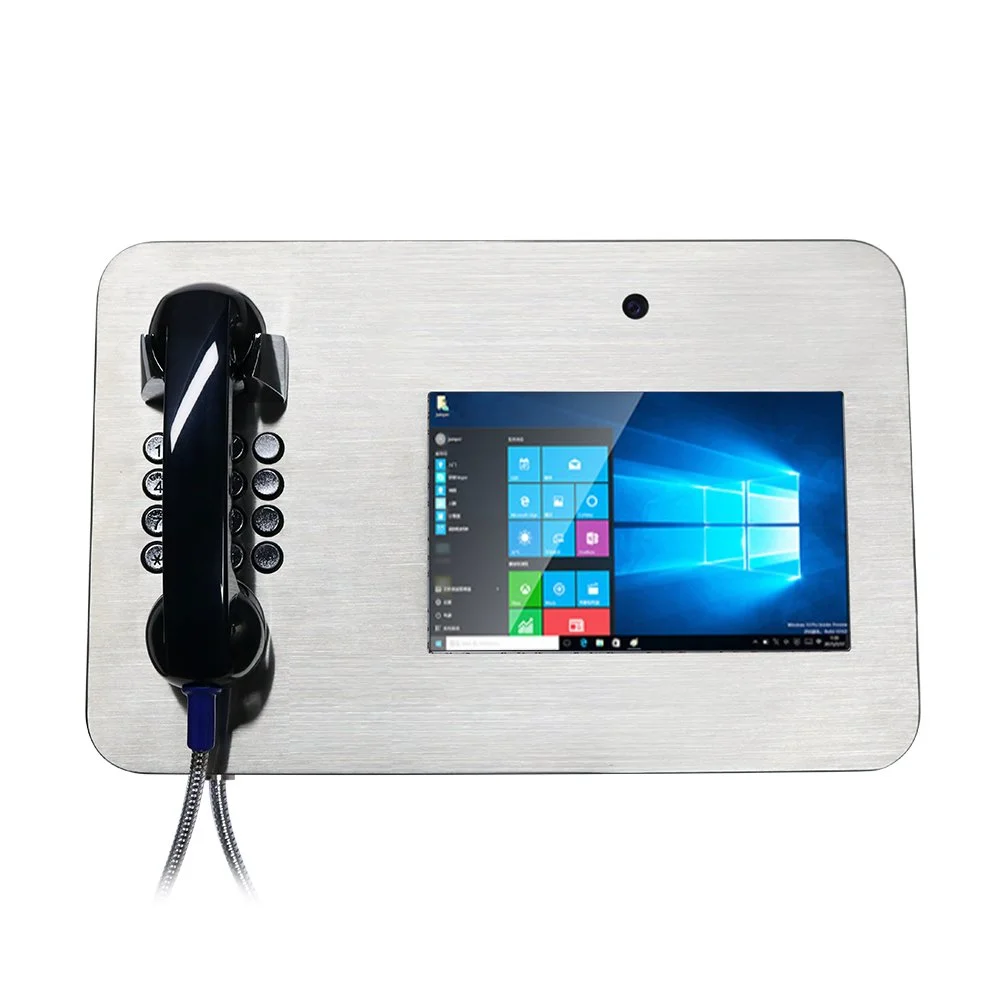Shatterproof video phone with a black handset, a touchscreen display showing the Windows 10 interface. Vandal resistant, ideal for hospitals, prisons etc