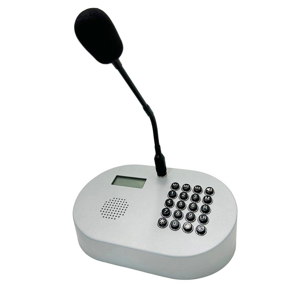 A conference call desk intercom with a microphone and small digital display plus full keypad