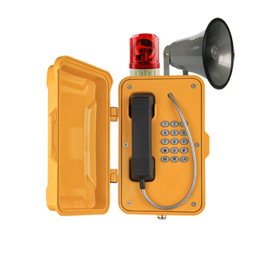 Emergency full keypad phone with a red siren, speaker horn, and a black telephone with keypad, all in a yellow plastic case