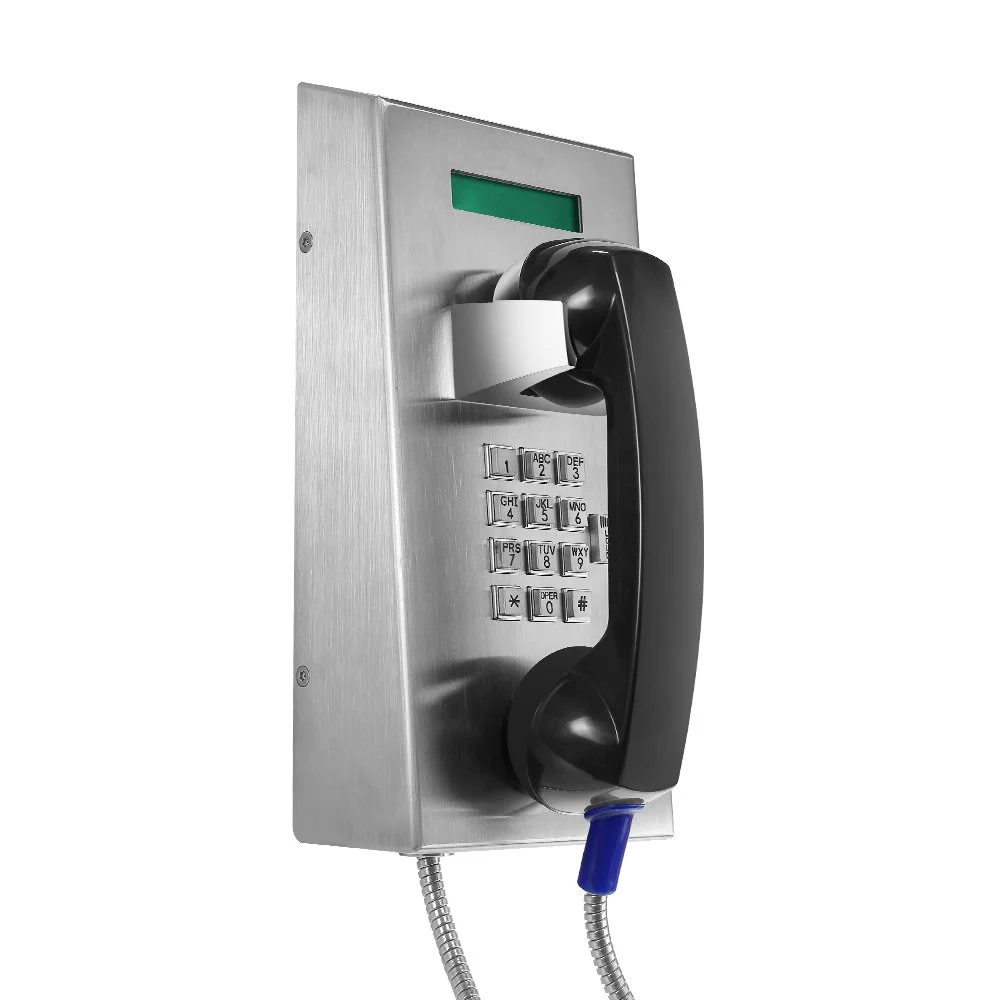 A wall-mounted emergency telephone with a digital display and numeric keypad, connected to a gray coiled cord.