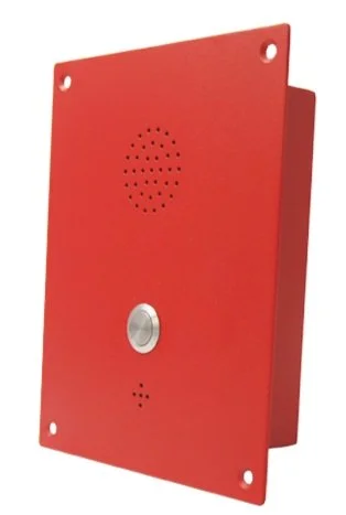 Red emergency push to call intercom with a call button and speaker.