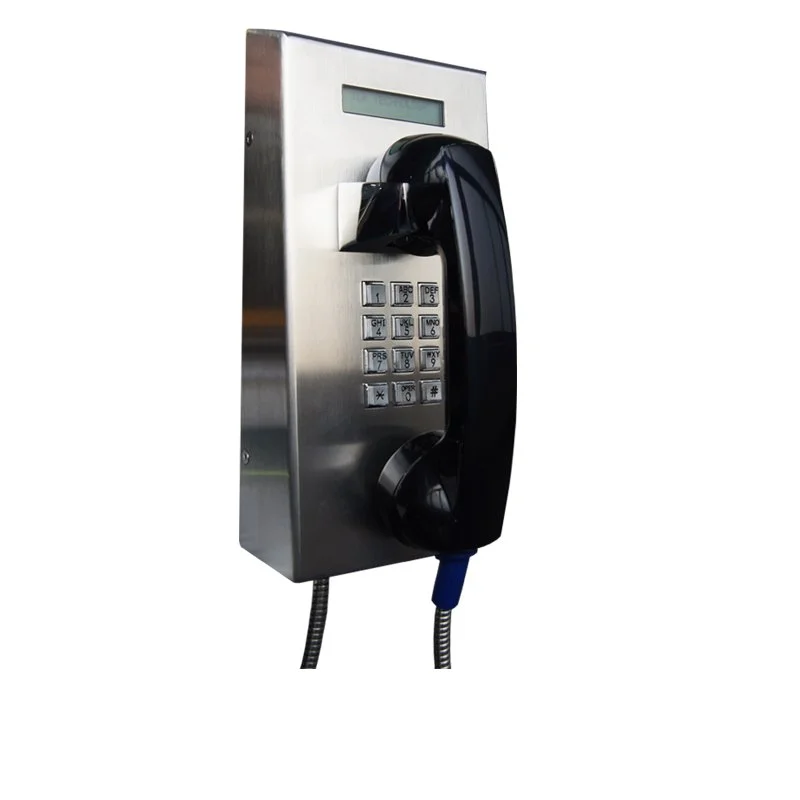 A stainless steel wall-mounted phone with a keypad and digital display,