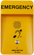 Yellow emergency call button with speaker and button icon, labeled 'EMERGENCY' at top.