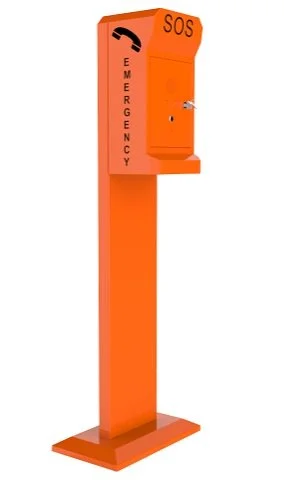 Orange emergency call box with SOS and phone symbol, mounted on a tall stand.