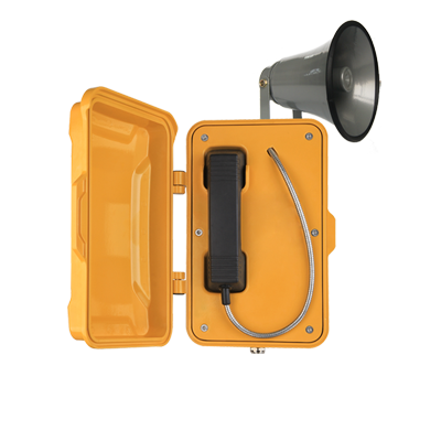 Yellow weatherproof lift to call phone with loudspeaker, inside a protective case.