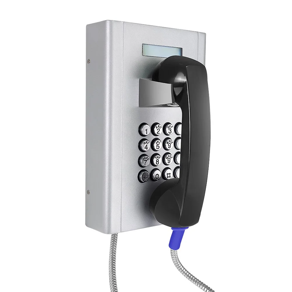 Wall-mounted black payphone with keypad and digital display.