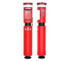 Two red emergency life buoys with clear face shields and SOS markings. Contains 3 life jackets