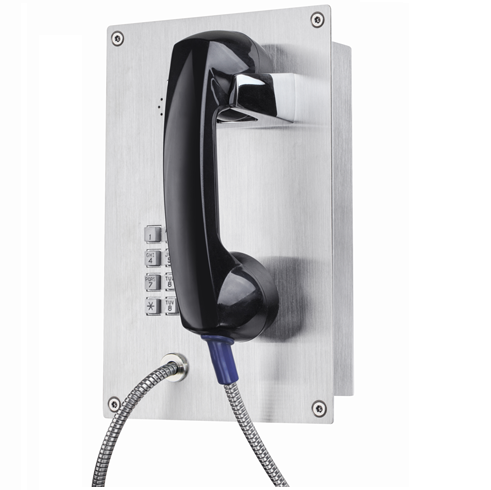 Public payphone mounted on a metal wall with a corded black handset and a numeric keypad.
