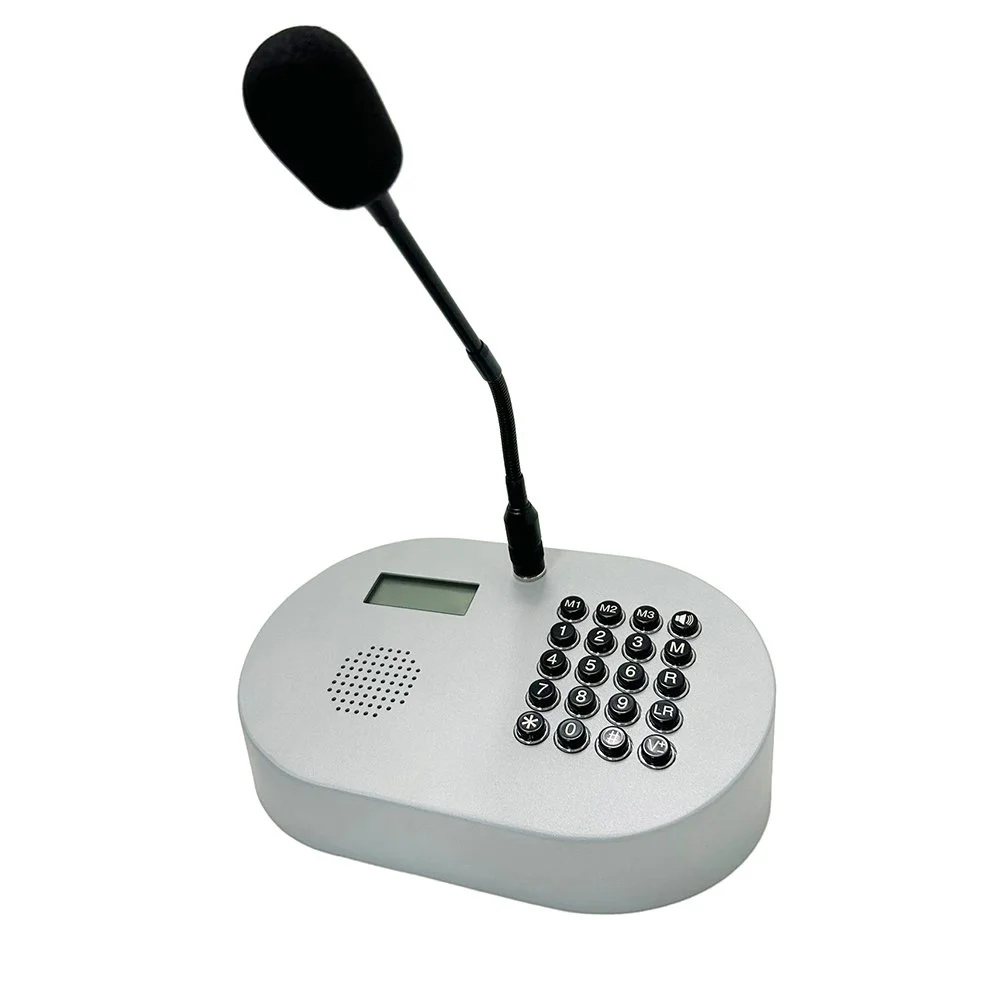 A white conference call phone with a microphone and numeric keypad.