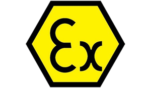 Safety warning sign with a yellow hexagon background and black border, warning for Explosive Atmosphere.