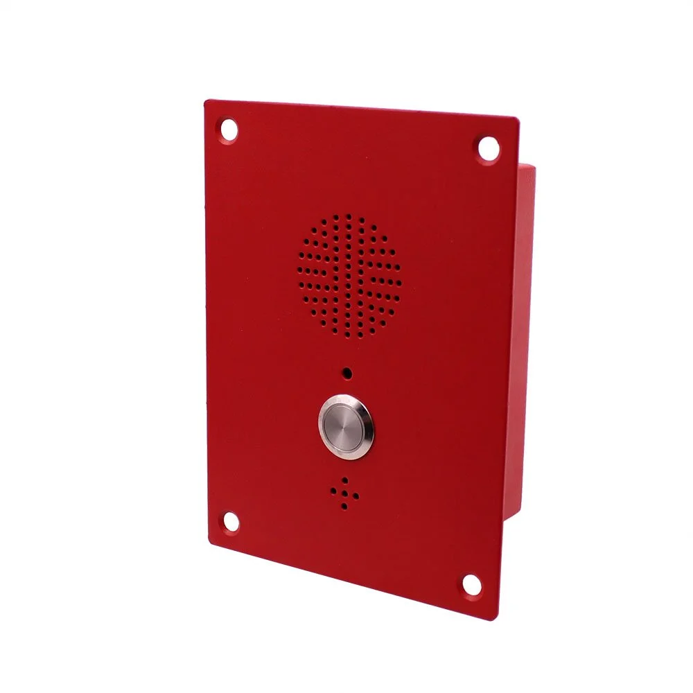 Red weatherproof emergency intercom with speaker grille, button, and indicator light.