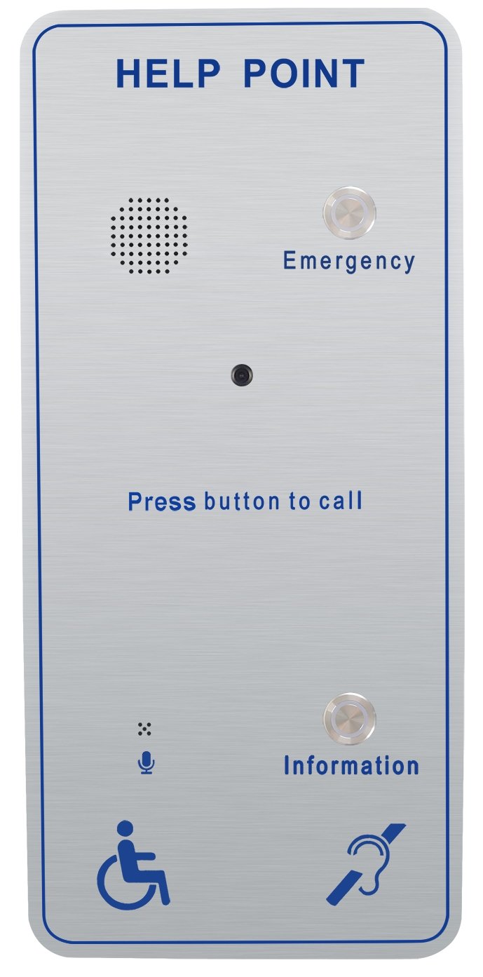 A Stainless steel help point with blue text, featuring an emergency call button, speaker, microphone, and information section, including wheelchair accessibility and hearing aid symbols.Emergency call point