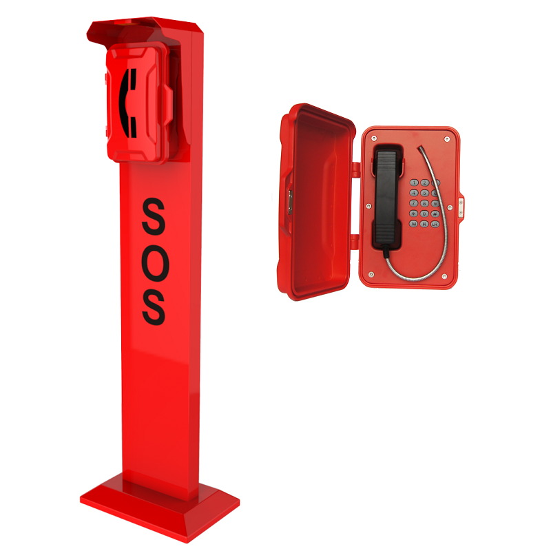 Robust, weather proof Red emergency call tower with SOS written on it, open to show a telephone inside. Choice of phones available