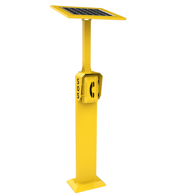 A robust, vandal proof yellow solar-powered emergency phone station with a solar panel on top, labeled 'SOS,' featuring a telephone symbol. Choice of phones available
