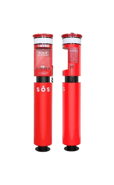 Red emergency lifebuoy call tower with a cylindrical base, labeled 'SOS', featuring a glass display and a keypad for emergency communication. it has 3 inflatable life buoys inside