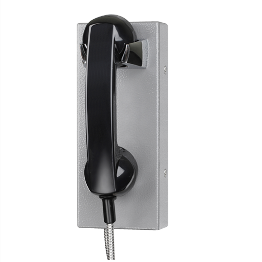 Black rotary telephone mounted on a gray wall phone holder.