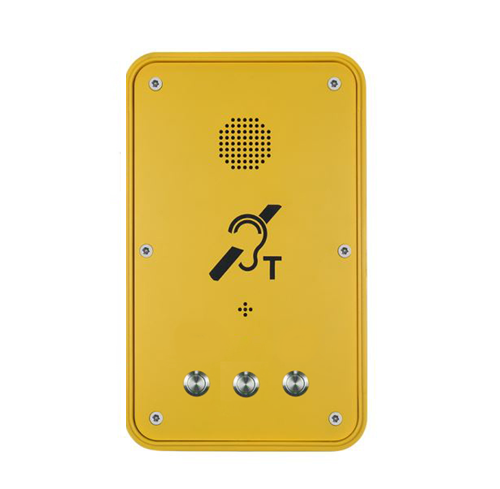 Yellow emergency push to call communication device with speaker, microphone, and three call buttons
