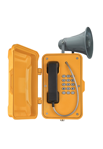 Yellow Robust emergency phone with a loudspeaker, keypad, and a hand-held receiver inside a protective case.
