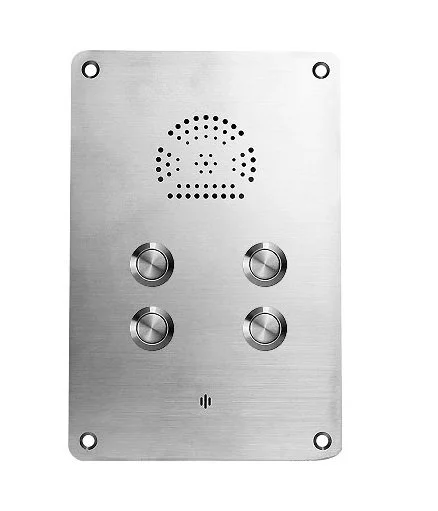 Vandal proof, robust,Metal intercom with speaker grille and four push to call buttons.