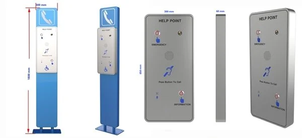 Two automated external defibrillators (AEDs), one with a blue and white design and the other with a gray design, each labeled as a help point with emergency instructions, mounted on a wall and a separate side view showing their slim profile.