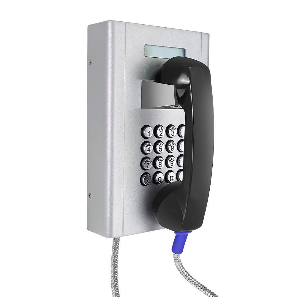 An industrial, robust telephone mounted on a wall with a full keypad, small LED Screen and a corded handset.