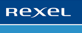 Rexel logo on a blue background.