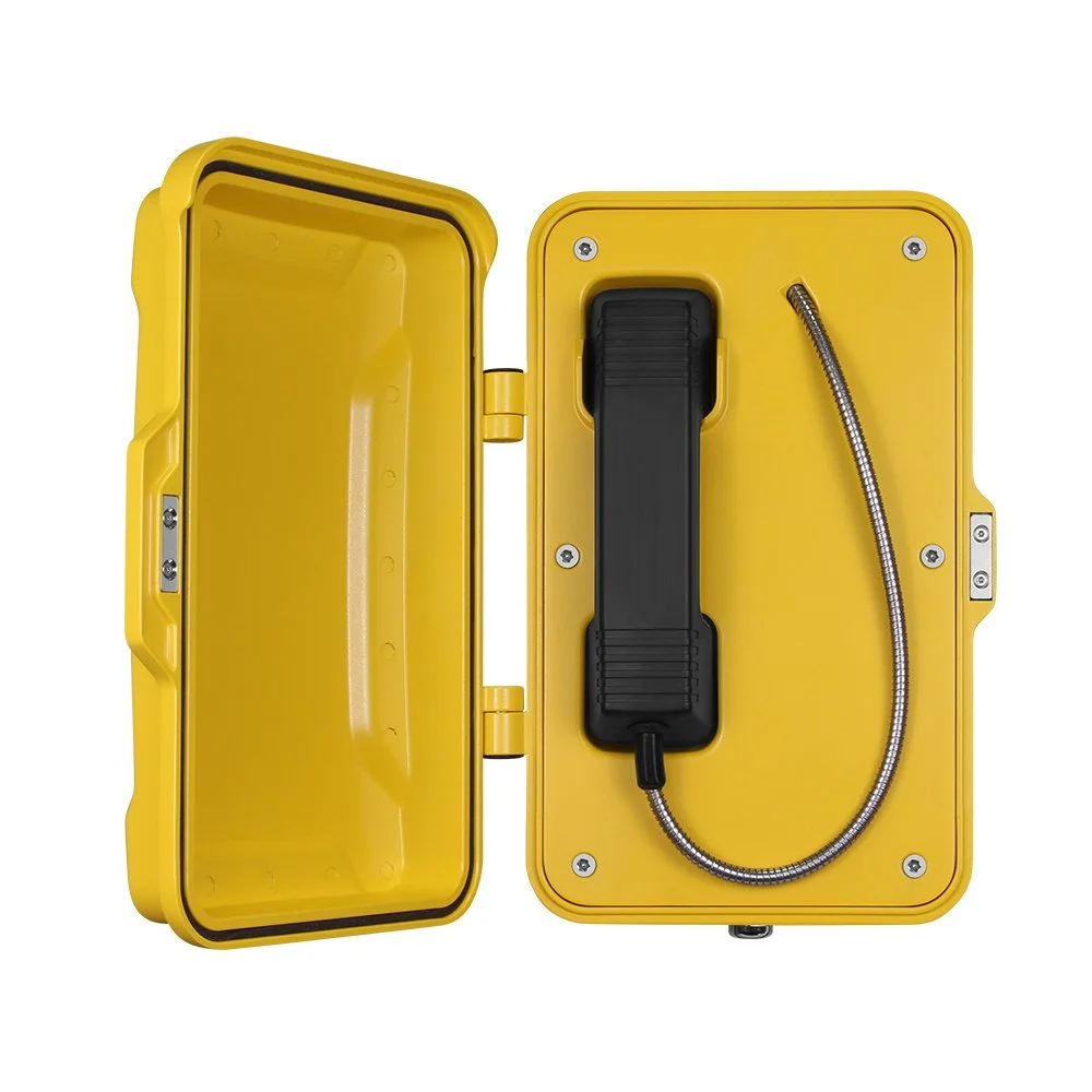 A yellow emergency lift to call communication device with a handheld receiver mounted inside a protective case. roadside