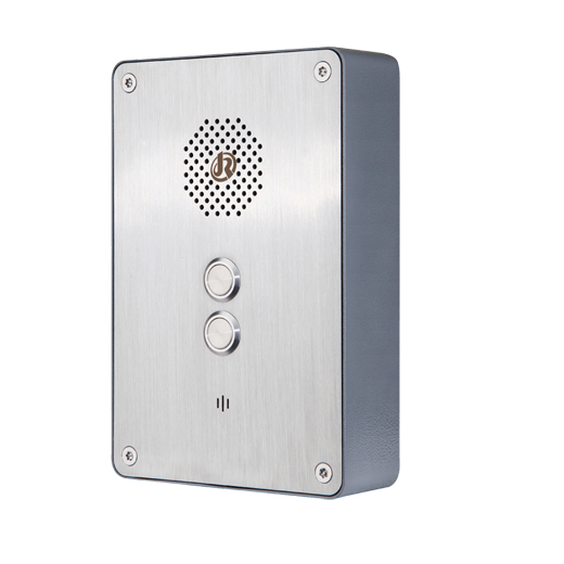 A vandal proof intercom,with two call buttons and a grille for a speaker, wall mounted