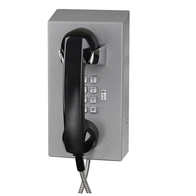 Industrial, robust, Wall-mounted telephone with a black receiver and full keypad and volume control