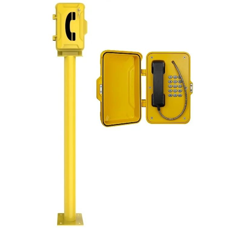 Watertight Emergency phone booth in bright yellow, with a traditional handset and keypad inside a weatherproof case.