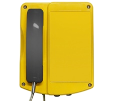 Yellow explosion proof phone with black handset, lift to call