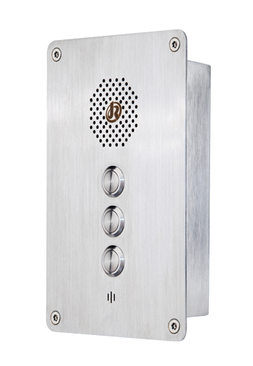 Metal  intercom with a speaker grille, three round buttons, and a small microphone opening.