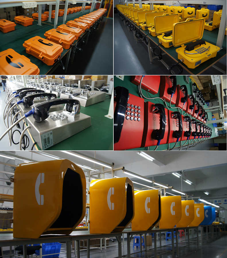 Multiple types of communication devices, including orange emergency roadside call boxes, yellow walkie-talkie cases, silver industrial radios, red emergency phones, and large yellow and blue telephone booths in a manufacturing setting.