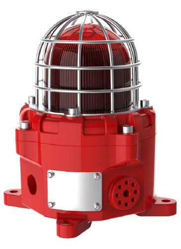 Red warning or alarm siren light with protective metal cage.