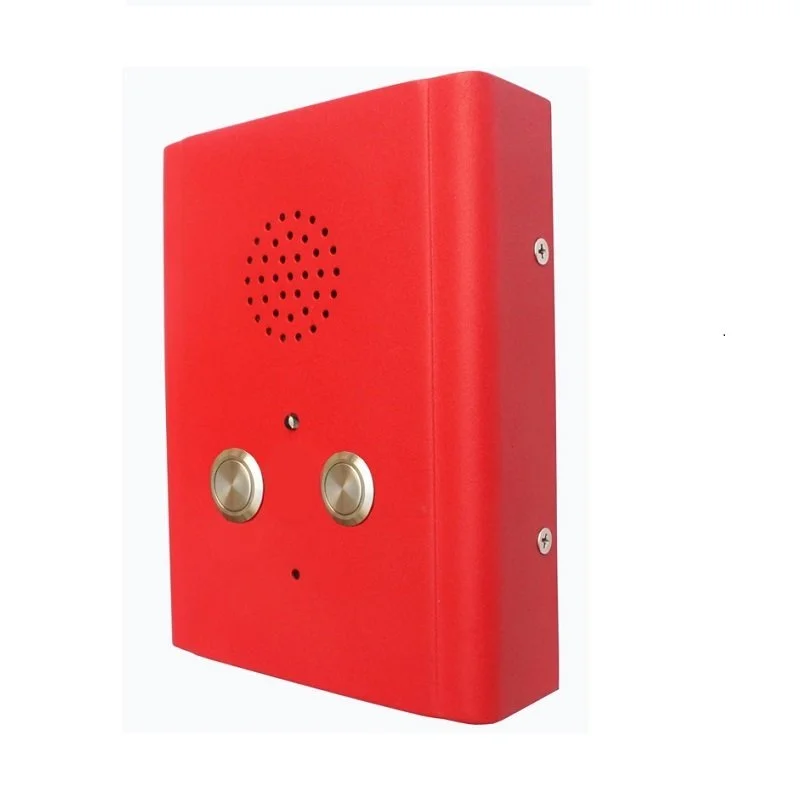 Red emergency alarm box with two gold-colored buttons and a speaker grille.