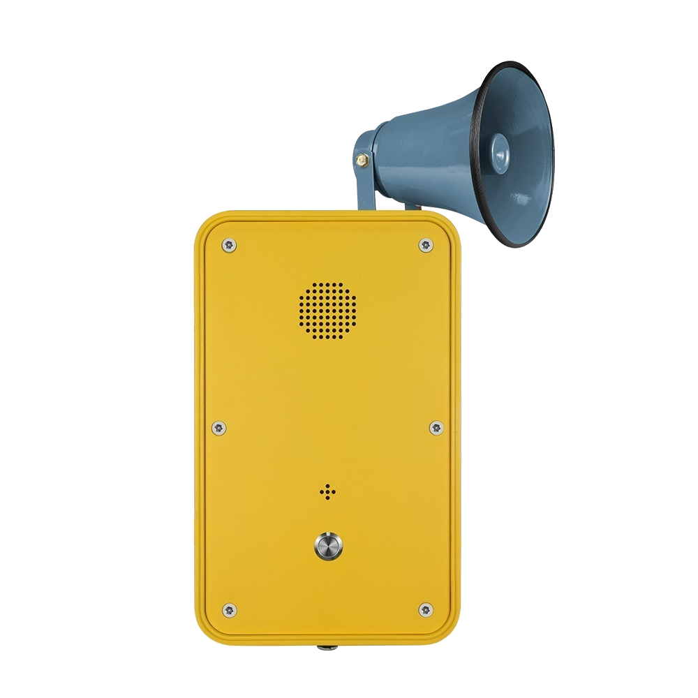 A yellow 1 button push to call emergency phone with a blue speaker horn attached