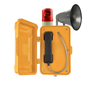 Emergency lift to call phone with a yellow hard case, a red siren, and a gray loud speaker