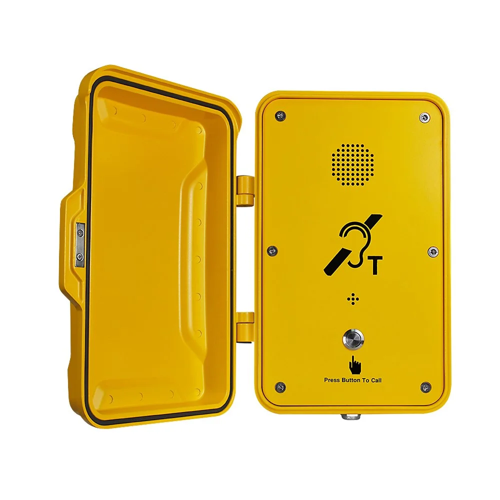 Yellow emergency telephone with a call button and speaker, designed for use in railway or public safety situations.
