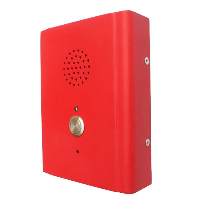 Red emergency intercom with a speaker grille, a large round button, and small screw mounting points.