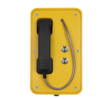 Yellow 2 button push to call phone with a black handheld speaker, a metal hook