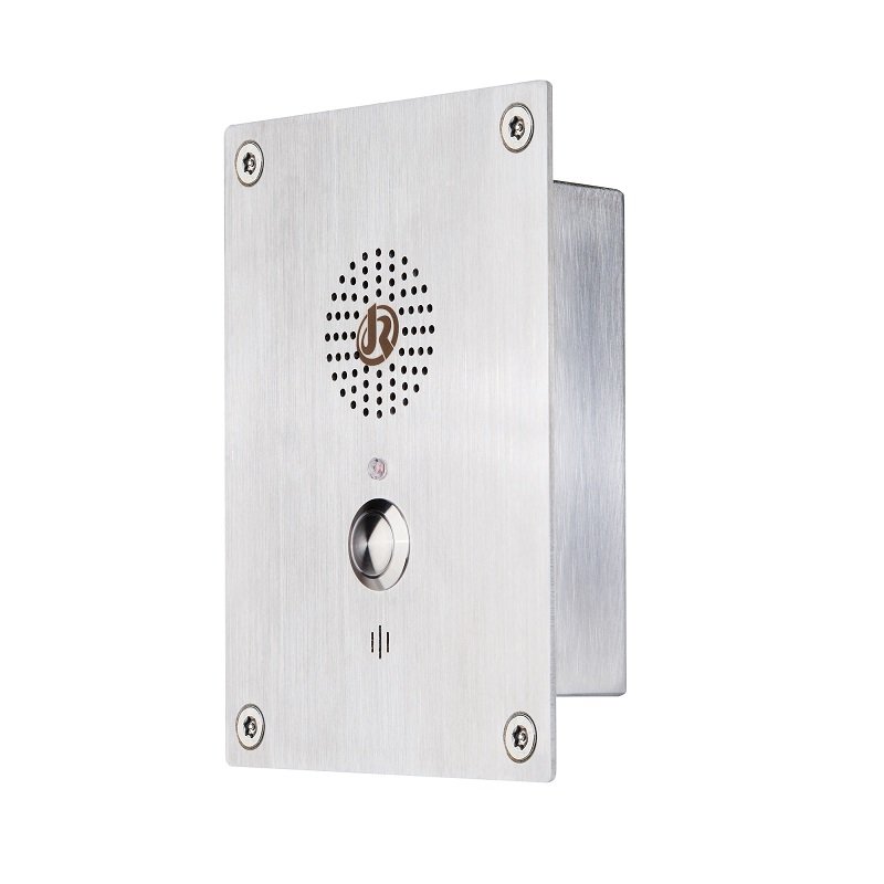 An intercom with a microphone, speaker, and a button for visitors to press