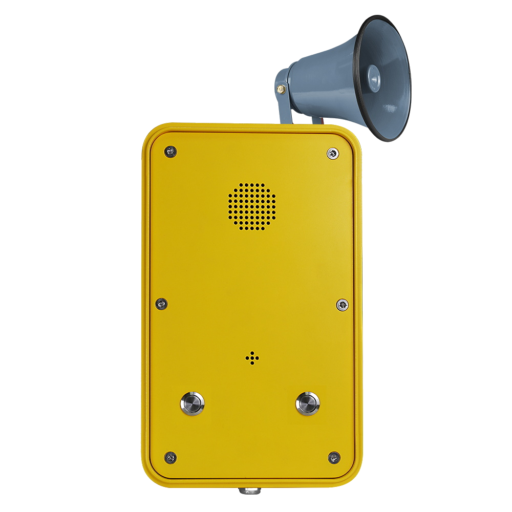 A yellow 2 button push to call emergency phone with a blue speaker horn attached