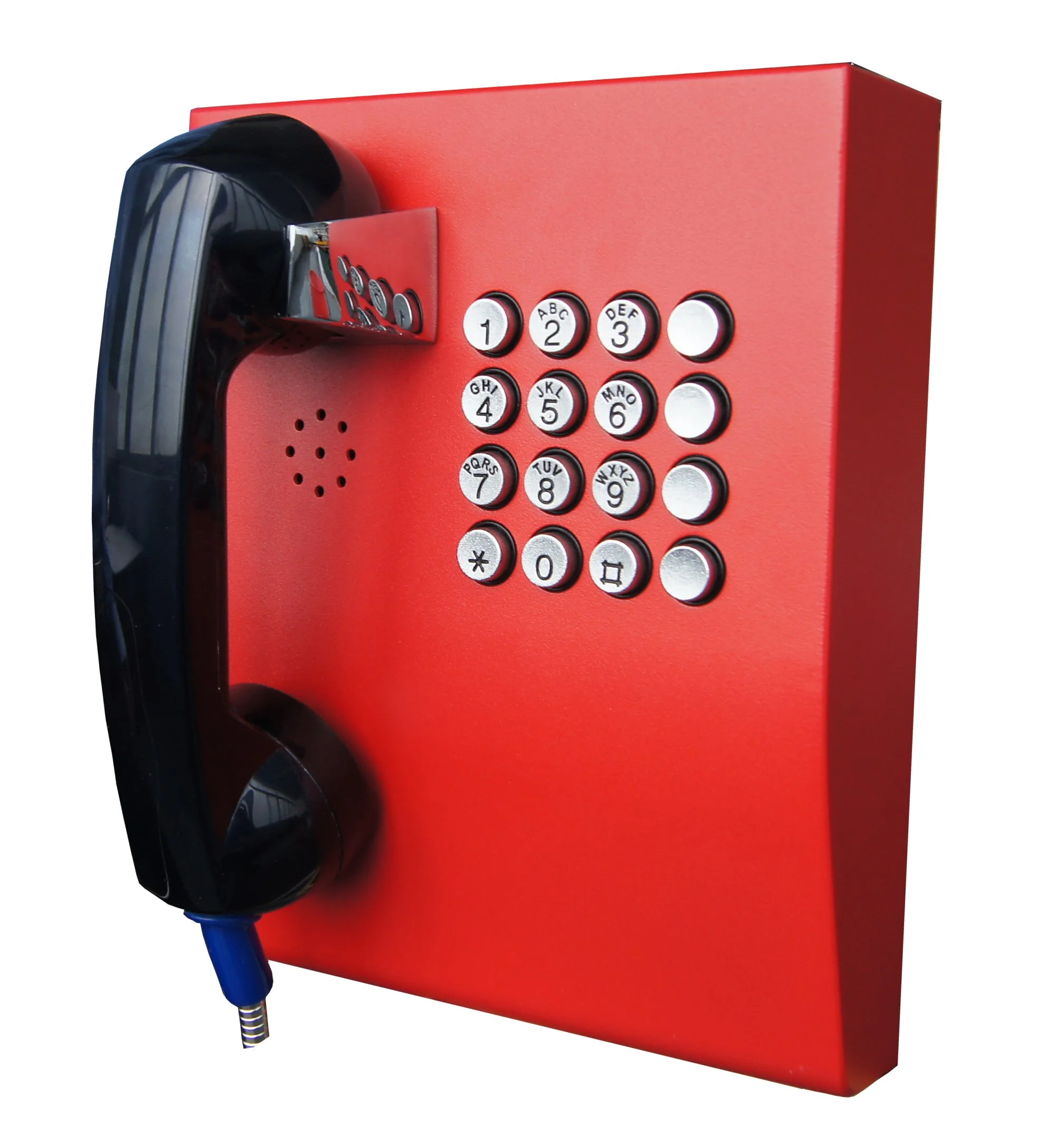 A red emergency telephone box with a black rotary phone, metallic keys, and a speaker grill.