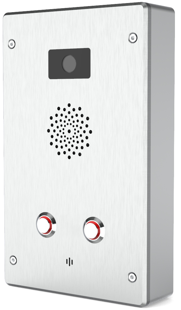 Robust SIP compliant Intercom with a camera, speaker grille, and two control buttons.