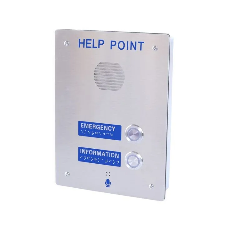 Help point with speaker, two buttons labeled emergency and information, and microphone icon.hospitals and pharmaceuticals