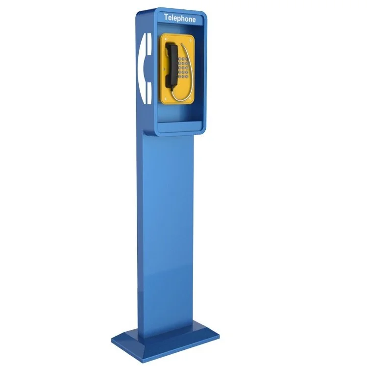 A vintage blue payphone on a stand with a yellow keypad and black handset.