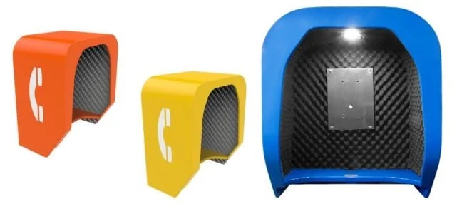 Acoustic hood,  with carbon fiber details and a phone icon on the side.Stainless steel, weatherproof, Noise reduction - 24dB