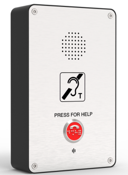 An emergency call button panel with a speaker grille, a help button, and a red button with Braille.Hospitals and pharmaceuticals