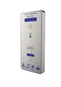 Emergency device with digital display, buttons, and icons indicating accessibility features for mobility aids